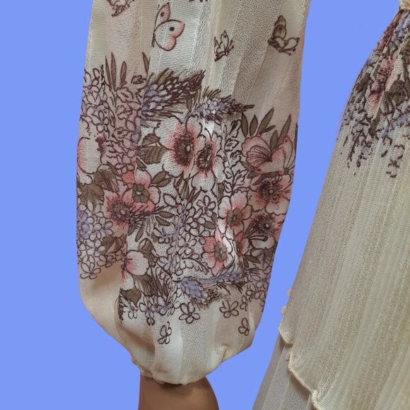 Vintage 70s Pleated Floral Butterfly Dress Cream Semi Sheer Long sleeve size M - Picture 5 of 12
